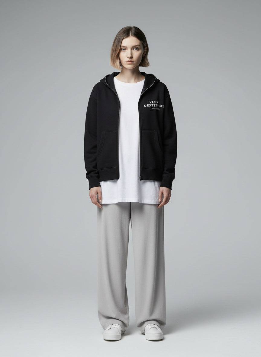 Full body view of the model wearing Very Dexterous Co-Ordinated - Fleeced Full-Zip Boxy Hoodie Women